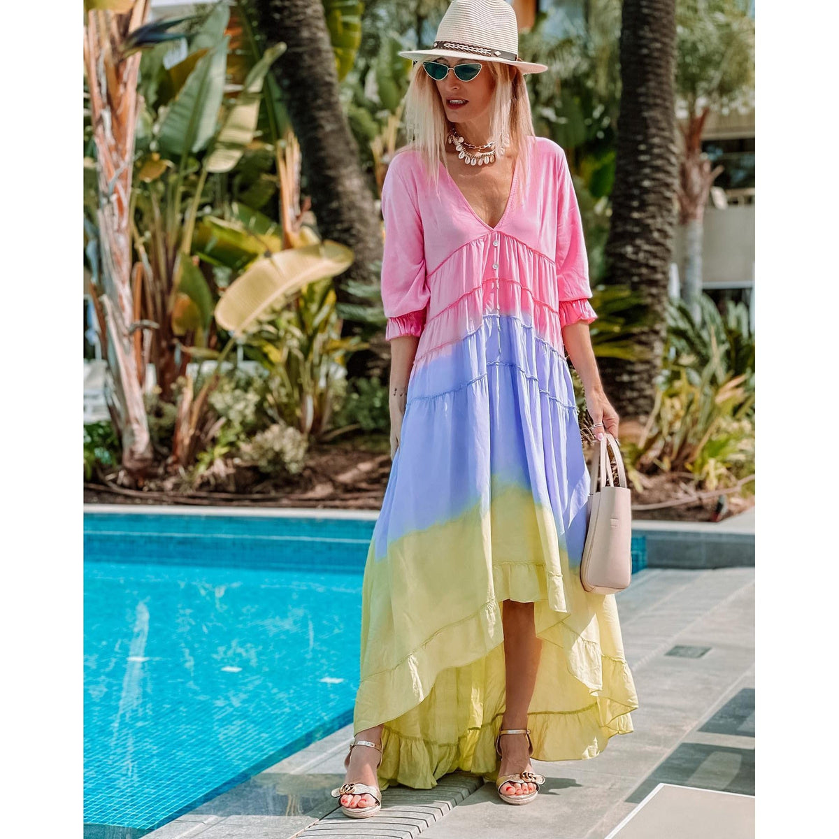 Fashion Patchwork Irregular Dress Women's Summer Sexy Deep V Neck Loose Maxi Dresses Half Sleeve Folds Beach Vacation Vestido