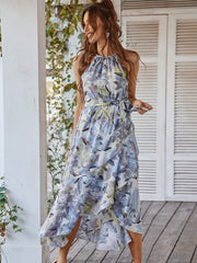 Fashion Print Dress Spring Summer New Slip Dress Casual Vacation Dress for Women Sexy Irregular Lacing Long Skirt Streetwear