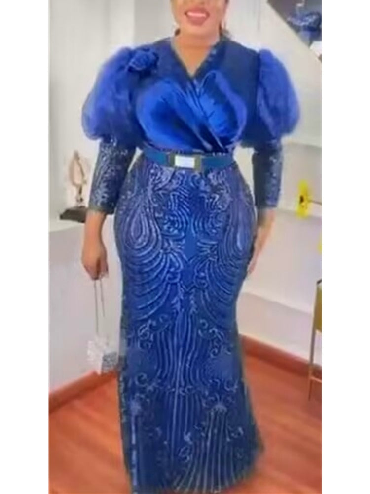 Hoobd Plus Size African Party Long Dresses for Women 2023 New Dashiki Ankara Sequin Evening Gowns Turkey Outfits Robe Africa Clothing