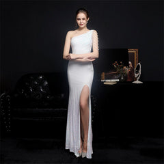 Elegant One Shoulder Slit Gold Sequin Evening Dress 2023 Women Beads Party Maxi Dress