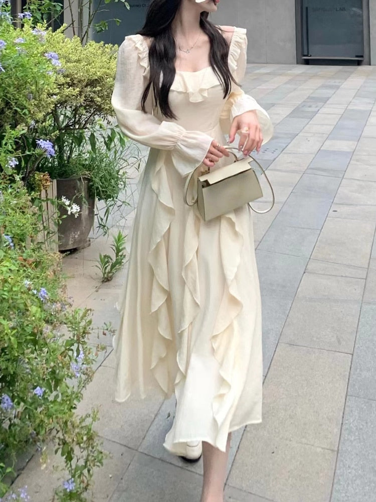 Summer Fairy Pure Color Midi Dress Woman Beach Style Long Sleeve Elegant  Dress Casual Party Korean Fashion Dress Design – Hoobd