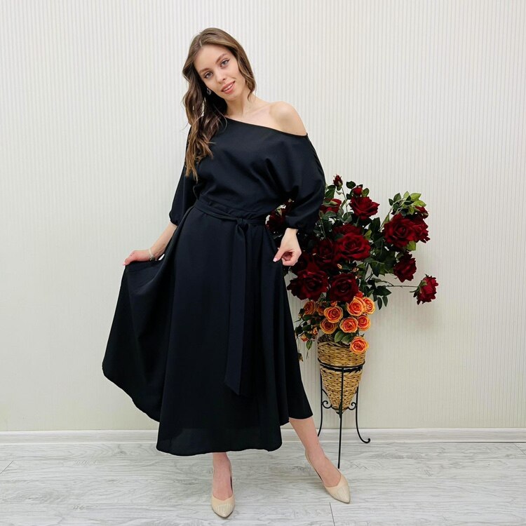 2023 Spring Elegant Women's Long Formal Dress Black Lace Up Off Shoulder A-line Dresses Female New Occasion Evening Clothes Lady