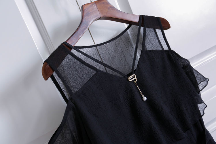 Hoobd Elegant Fashion V-neck Zipper Off Shoulder Short Sleeve A-LINE Dress Summer Black Solid Color Chiffon Empire Women&#39;s Clothing