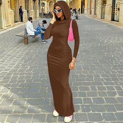 Hooded Long Sleeves Fitted Dress for Women 2023 Elegant Sexy Back Slit Bodycon Maxi Dresses Street Style