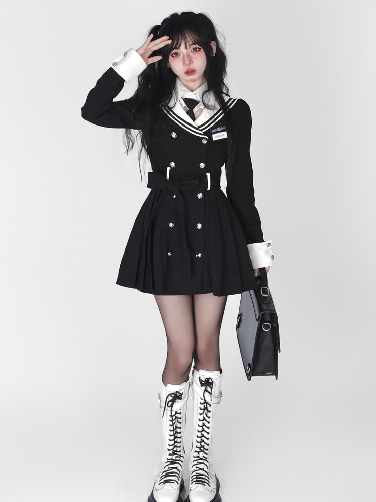 Hoobd Black Korean Style Elegant Dress Women Navy Collar Sweet Party Mini Dress Female Long Sleeve College Style One-piece Dress 2023