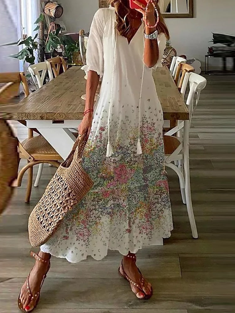 Hoobd Summer Fashion Floral Print Holiday Long Dress Casual Loose Drawstring Half Sleeve Dress Women V Neck Chic Ruffled Boho Dresses