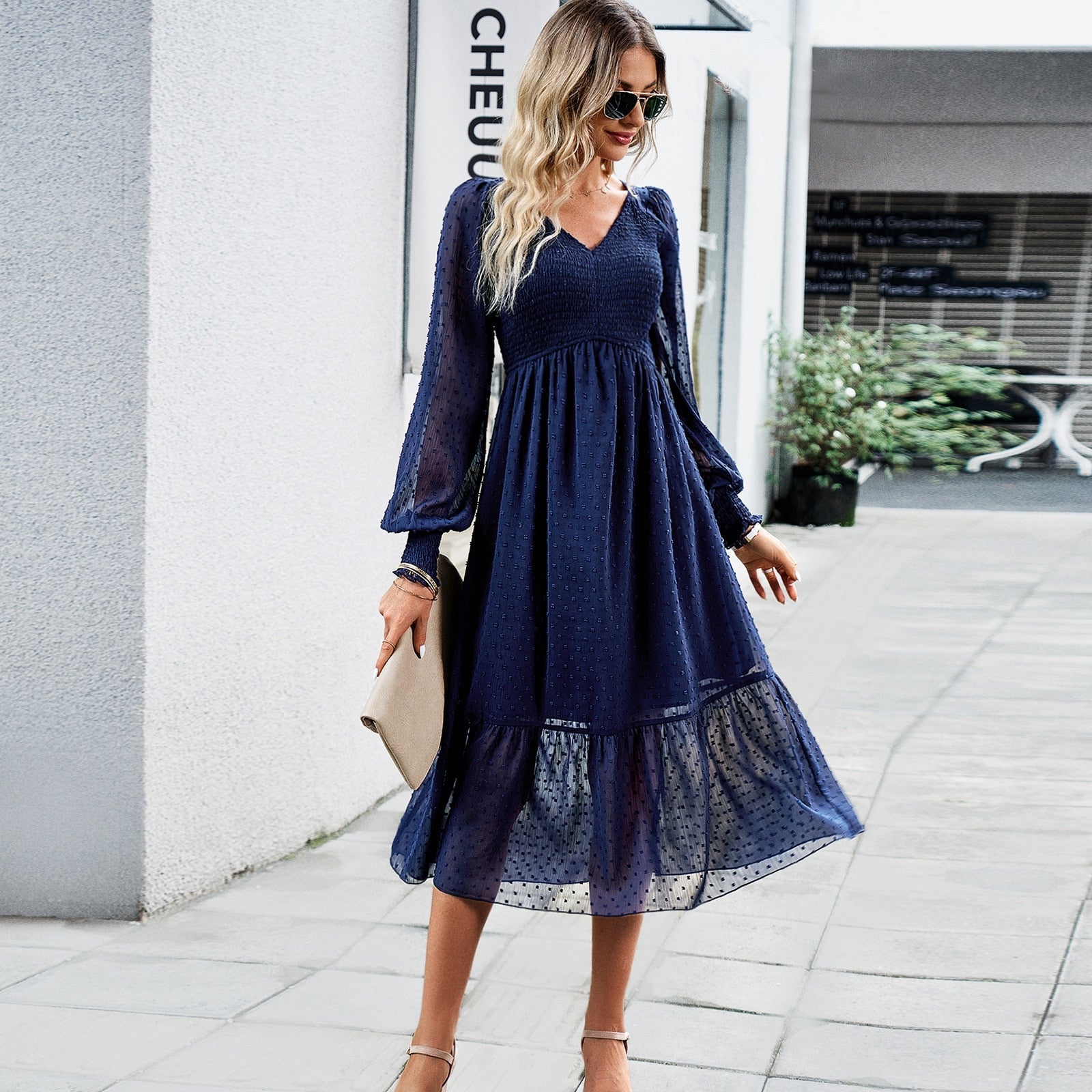 Autumn Dress Women Clothing 2023 New Women's V-neck Lantern Sleeve Solid Color Navy Blue Black Light Blue Apricot Long Dresses