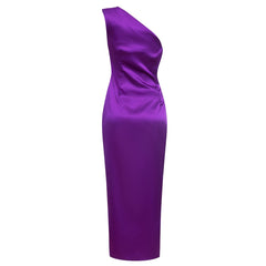 New Ladies Purple One Shoulder Sexy Skinny Draped Sleeveless Sequin Cutout High Slit Long Celebrity Party Dress