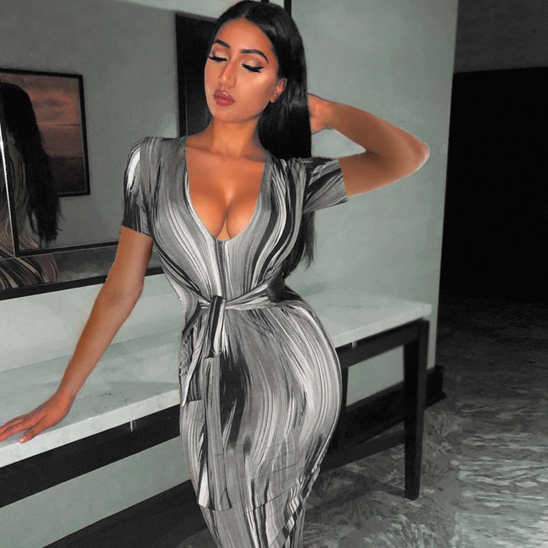 Hoobd Sexy Bandage Dress Waist Illusion Dress 2023 Women V-neck Maxi Dresses Ladies Tie-dye Wave Print Party Dresses Tight Dresses