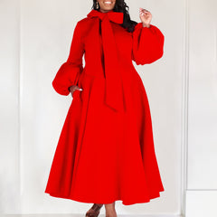 Hoobd2023 Autumn/Winter New Women's Dress Fashionable Bubble Sleeve Lacing Large Hem High Waist Dress Casual Elegant Women's Dress
