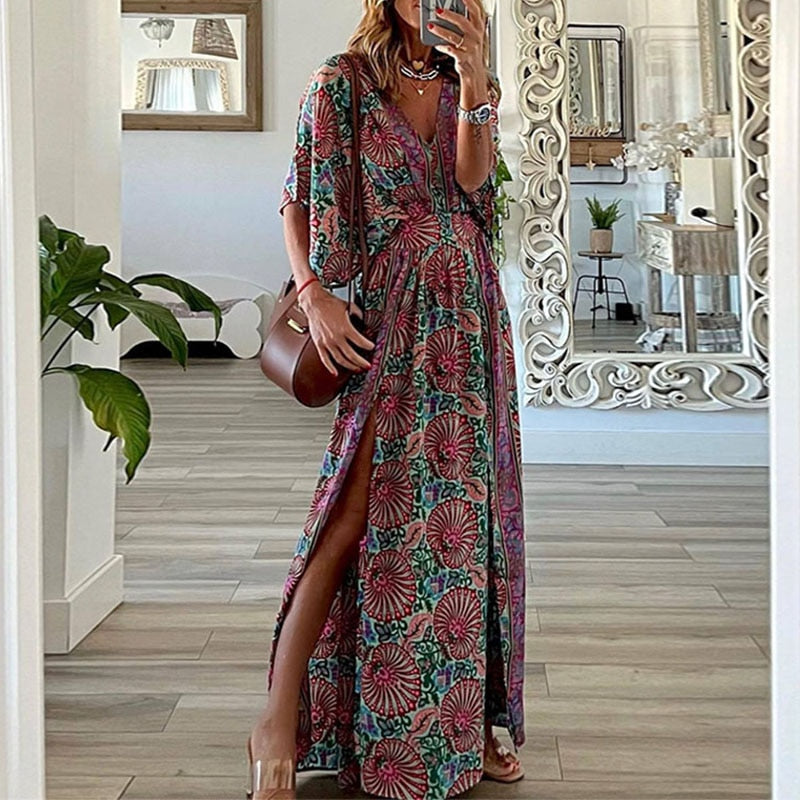 Hoobd Retro V-Neck Batwing Sleeve Long Dress Sexy Hollow Out High Waist Slit Boho Dress Women Elegant Floral Print Pleated Beach Dress