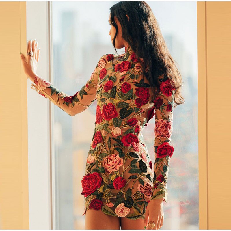 Hoobd Flower Print Embroidery Mini Dress Women Half High Collar Long Sleeve Hip Package Dresses Female Autumn Elegant Lady Vestidos
