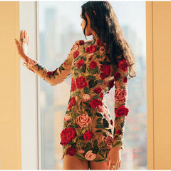Hoobd Flower Print Embroidery Mini Dress Women Half High Collar Long Sleeve Hip Package Dresses Female Autumn Elegant Lady Vestidos