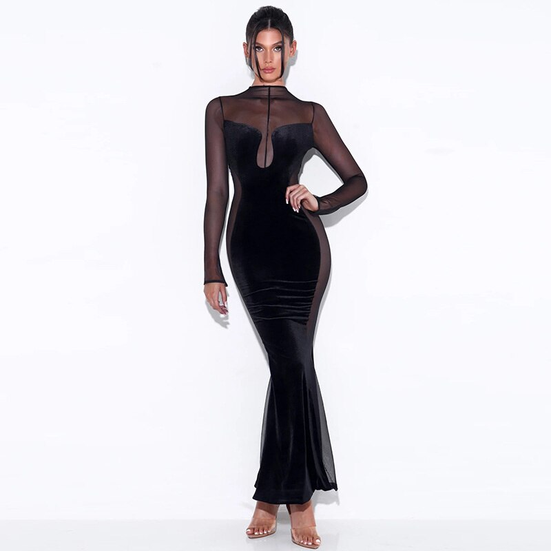 Elegant See Through Patchwork Maxi Dress for Women Gown Full Sleeve Fashion Zipper Velvet Bodycon Long Dresses Vestido