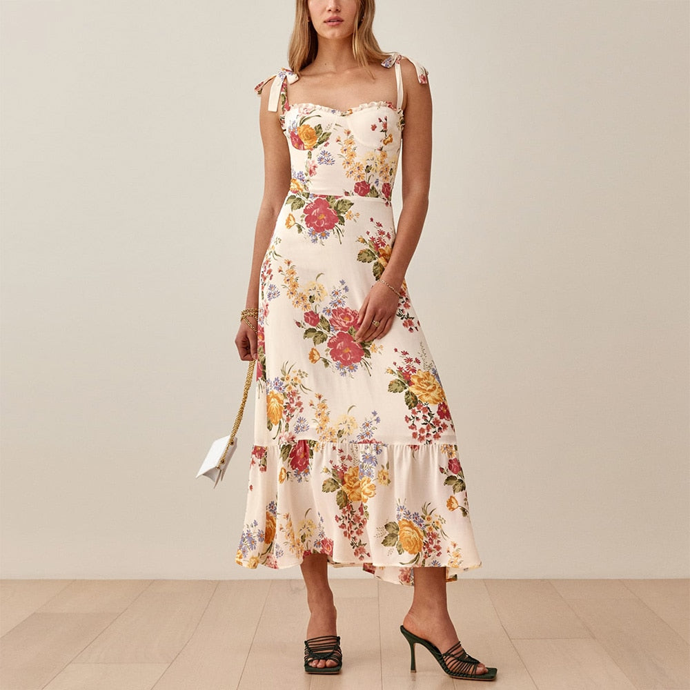 Dresses For Women 2023 Elegant Vintage Floral Dress Frill Sweetheart Neck Sleeveless Strap Tie Ruffle Hem Summer Beach Dress