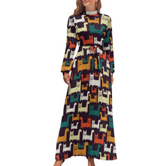 Cute Cats Print Dress Funny Animal Elegant Printed Maxi Dress High Waist Long-Sleeve Street Fashion Bohemia Long Dresses