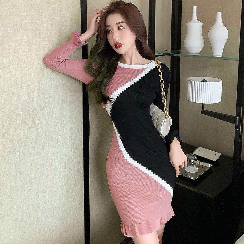 Hoobd Korean Elegant Womens Libertin Sweater One-piece Dress for Party Fashion Sexy Night Club Evening Knit Dresses Woman Bodycon Wrap