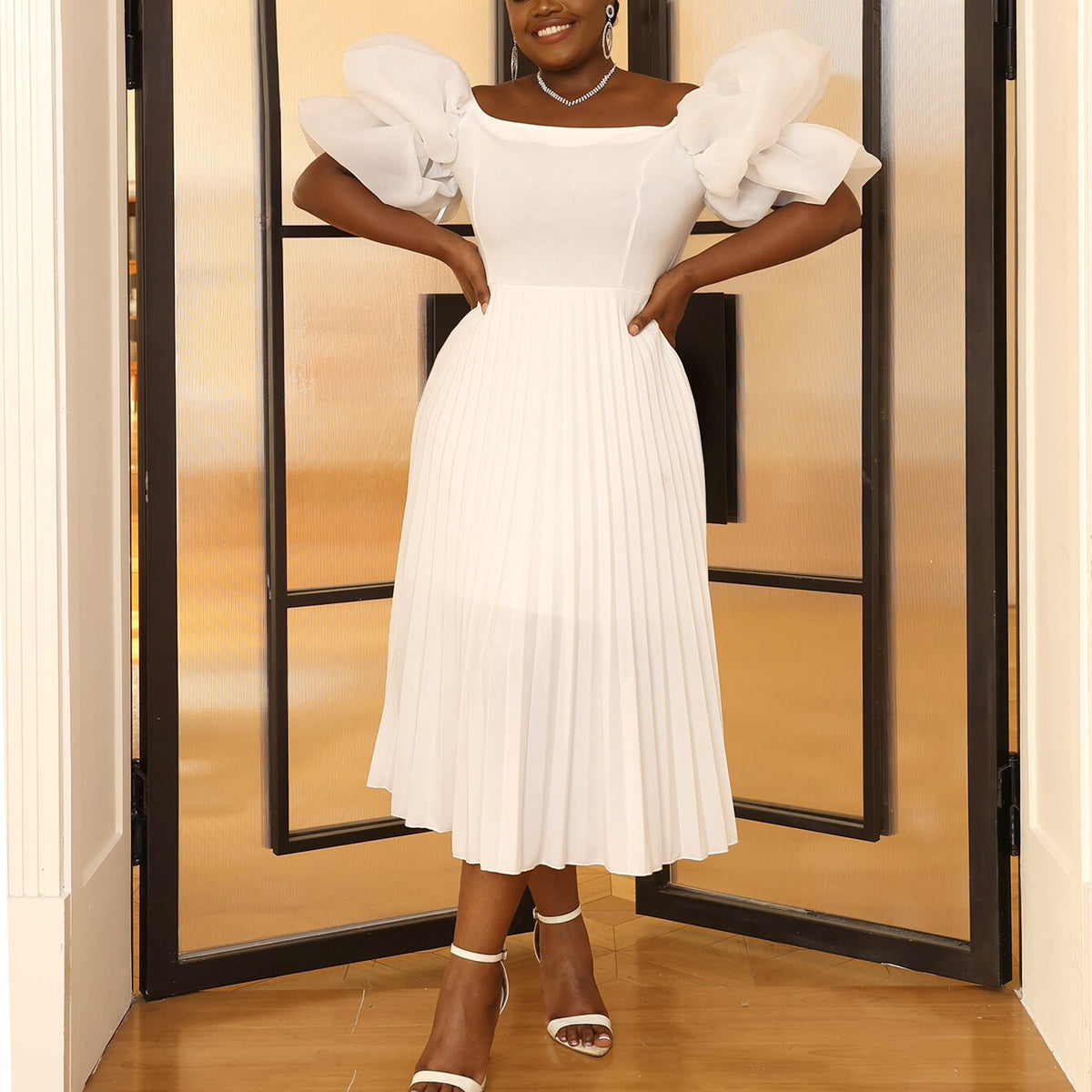 Women Elegant White Pleated Dresses Midi Off Shoulder Puff Sleeve A Line Cocktail Party Swing Dress Prom Summer 2023 Big Size