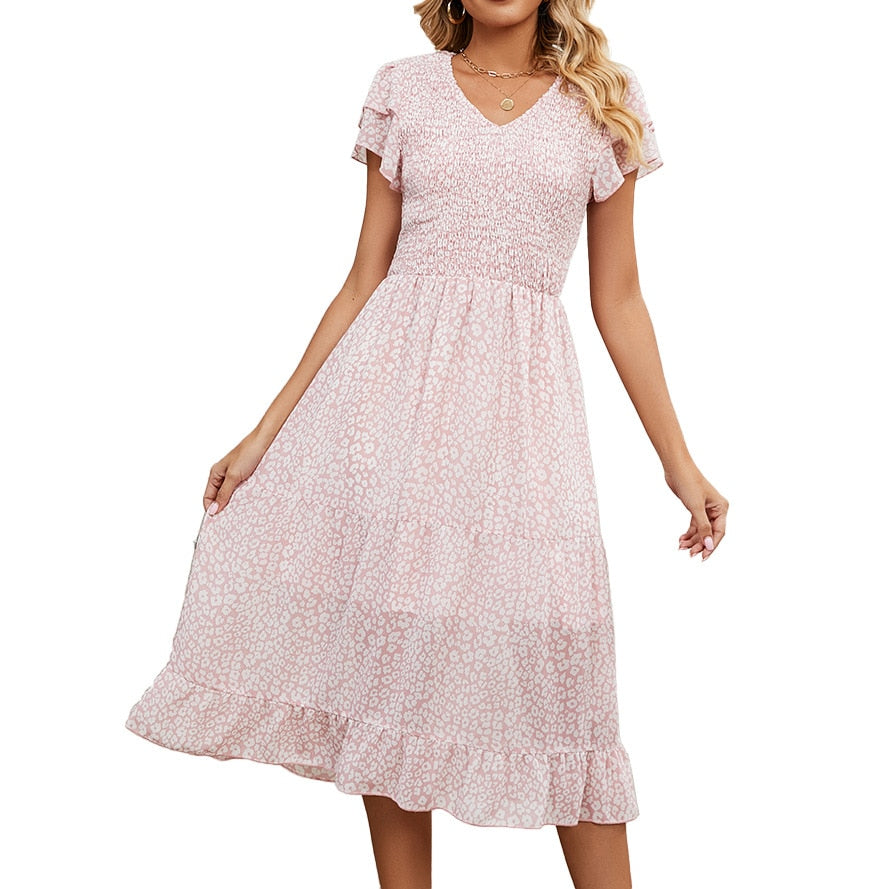 2023 Summer V-Neck Pleated Printed Chiffon Patchwork Waist-Tied Dress for Women