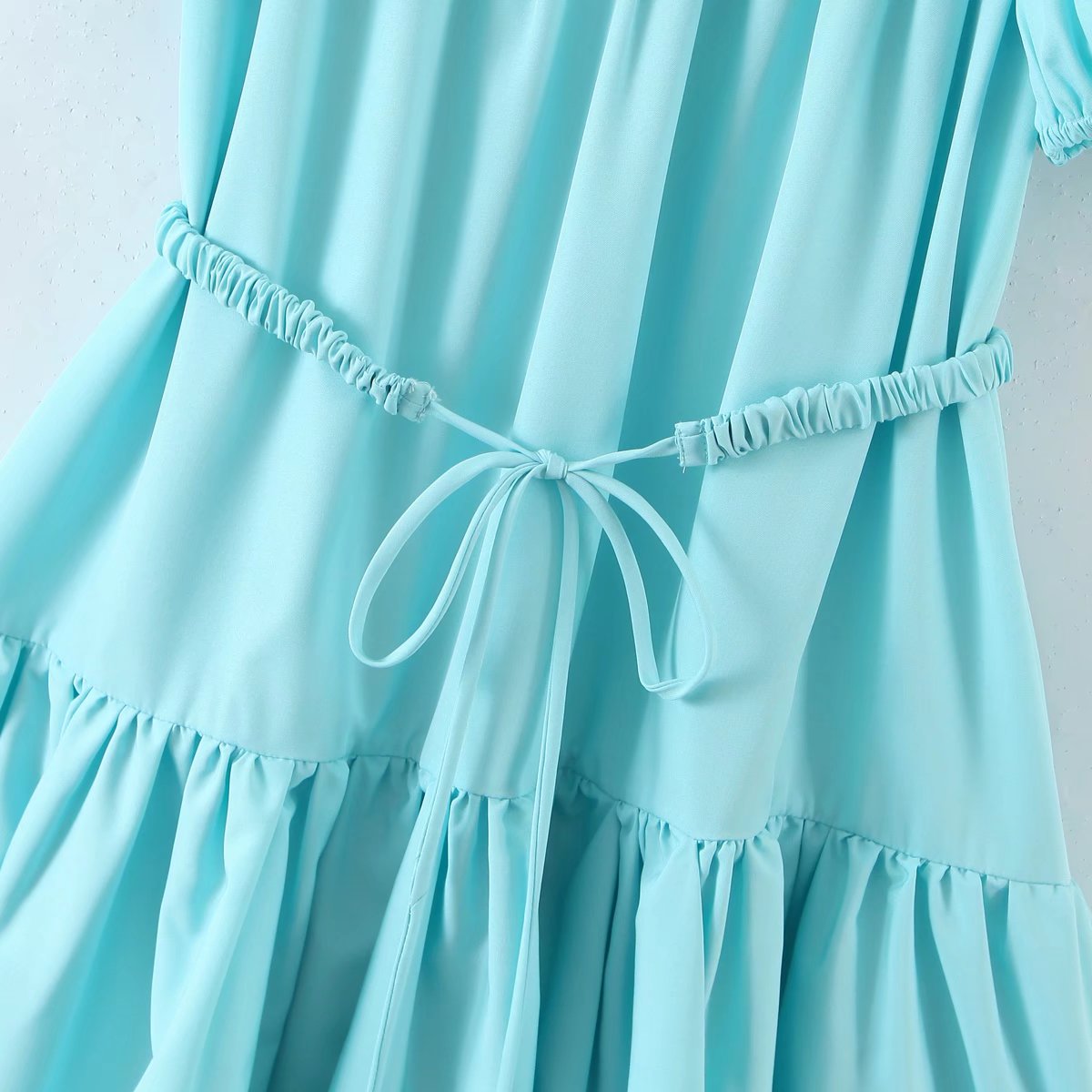 Hoobd New Women Vintage Drawstring Waist Sky Blue Dress Puff Short Sleeve Ladies Holiday Summer Casual Dress Short Vestido