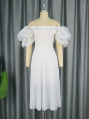 Women Elegant White Pleated Dresses Midi Off Shoulder Puff Sleeve A Line Cocktail Party Swing Dress Prom Summer 2023 Big Size