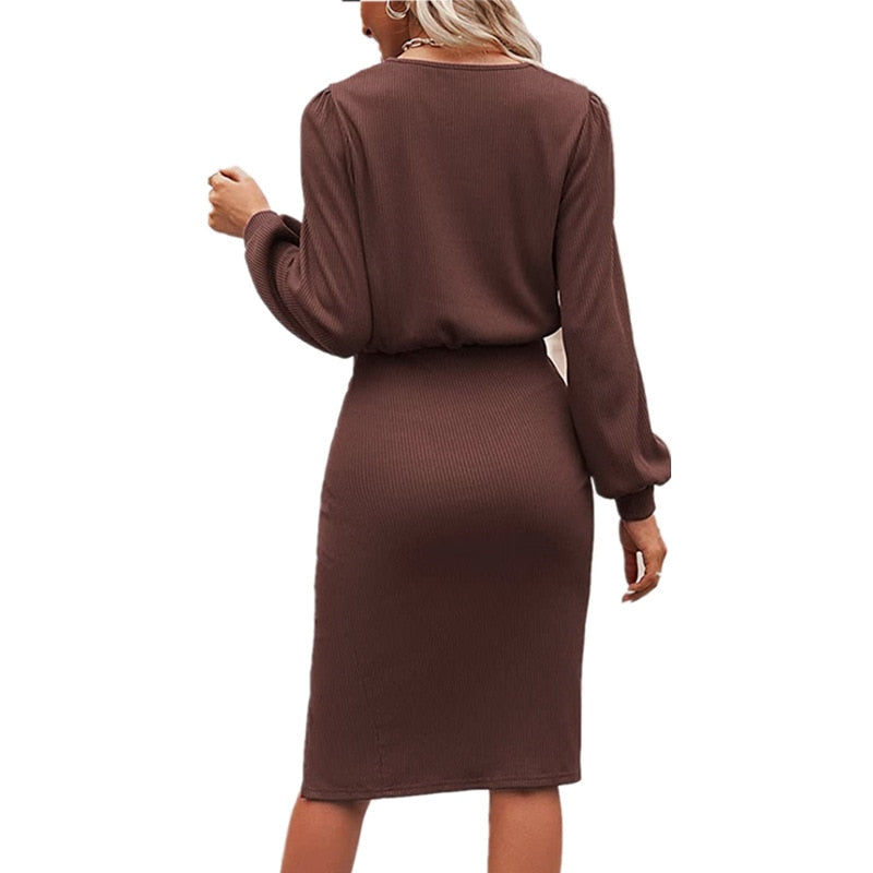 Autumn and Winter Women&#39;s Threaded Waist Lantern Temperament Elegant Round Neck Long Sleeve Sexy Slit Bag Hip One-step Dress