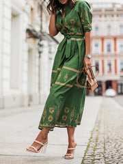 Women Half Open Collar Street Print Long Dress Elegant Button Lace Up High Waist Party Dress New Summer Short Sleeve Shirt Dress