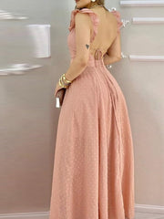 Hoobd Polka Dot Print Ruffle Hem Open Back Slit Maxi Long Dress Women