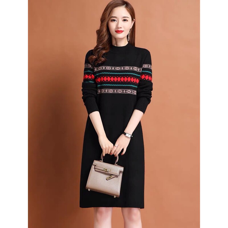 2023 New Fashion Wool Knitted Dress Women&#39;s Autumn And Winter Temperament Fashion Long Sleeve Loose Tight Casual Party Dress