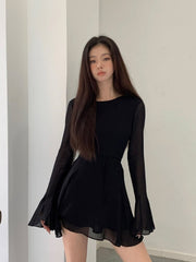 Elegant Fashion Sexy Slim Women's Chiffon Cutout Dress Summer Backless Design Round Neck Black Prom Gown Y2K Gothic Streetwear