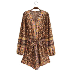 New Femme Boho Playsuits Ruffled A-line Jumpsuits Long Sleeve Rayon High Waist Fashion Rompers Mujer Flare Pants Printing Suits