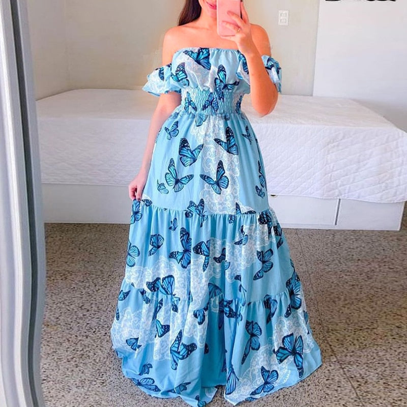 Hoobd Sexy Off The Shoulder Tube Top Dress Butterfly Rainbow Floral Print Dress Ladies Elegant Slim Summer Bohemian Party Maxi Dresses