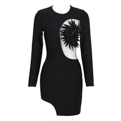 Hoobd New Autumn Women's Dress Luxury Beaded Design Long Sleeve Celebrity Club Black White Mesh Sexy Mini Bandage Dress