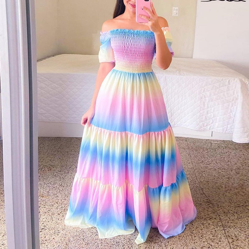 Hoobd Sexy Off The Shoulder Tube Top Dress Butterfly Rainbow Floral Print Dress Ladies Elegant Slim Summer Bohemian Party Maxi Dresses