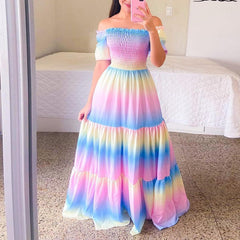 Hoobd Sexy Off The Shoulder Tube Top Dress Butterfly Rainbow Floral Print Dress Ladies Elegant Slim Summer Bohemian Party Maxi Dresses