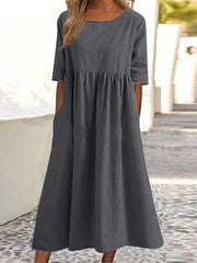 Hoobd Vintage Dress O-Neck Half Sleeve Solid Dresses Summer Women Mid-Calf Length Robe Female Causal Holiday Sundress Kaftan