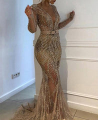 Hoobd Sexy Deep V Long Sleeve Fishtail Evening Dress