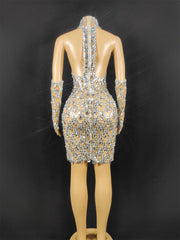 Sparkly Silver Rhinestone Mirror Elastic fabric short Dress