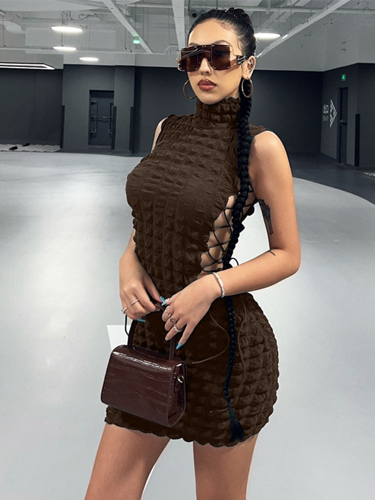 Hoobd Cut Out Long Sleeve Dress Women Y2K Mini Bodycon Bandage White Dress Fall Winter Stunning Stacked Streetwear Turtleneck Dress