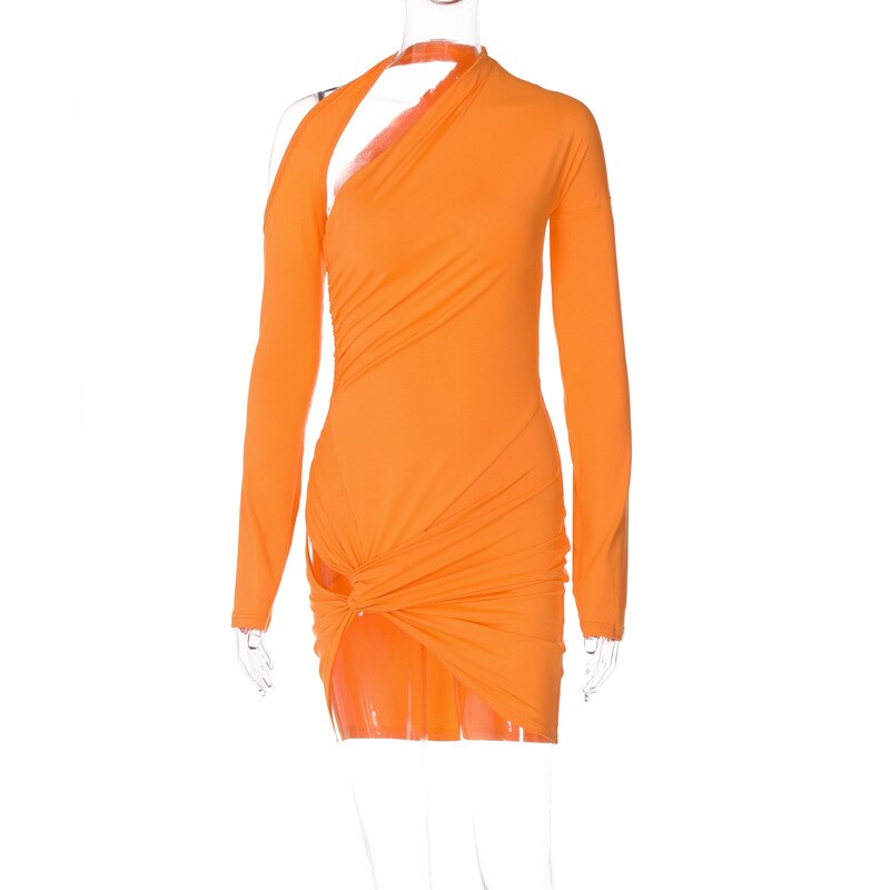 2023 Solid Sexy One Shoulder Long Sleeves Hollow Out Folds Dress Summer Fashion Elegant Party Mini Slit Dresses for Women