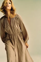 Hoobd2023 Cotton Midi Dress O-neck Casual Boho Long Dress Lantern Sleeve Oversized Autumn Linen Dresses Mujer Vestidos Femininos