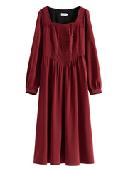 Retro Red Women Temperament Lace Decoration Square Neck Long Dress Autumn New Long Sleeve A-LINE Skirts Mid-Calf Dresses