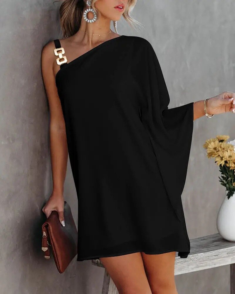 Hoobd Sexy One Shoulder Dress Women 2023 Fashion Printed Loose Office Mini Dresses Casual Straps Batwing Sleeve Beach Party Dresses
