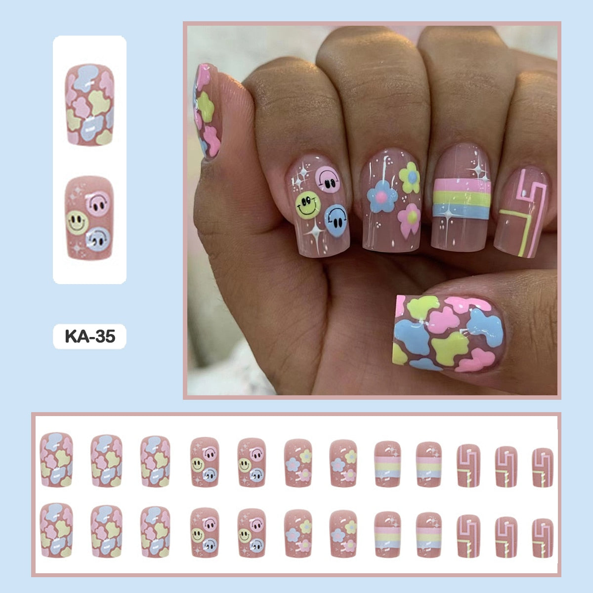 24pcs Girlish Colorful Graffiti Nail Art Fake Nails With Plants Flowers Patterns Short Press on False Nails With Wearing Tools