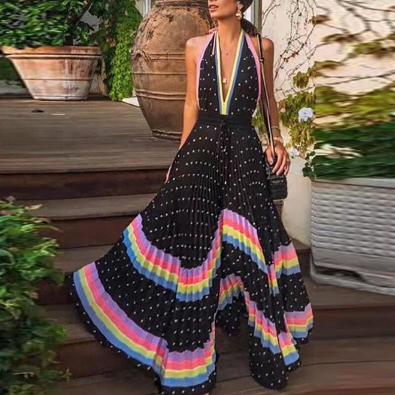 Sexy Halter Neck Deep Vneck Cocktail Dresses for Women Polka Dot Print Beach Vacation Bohemia Prom Gown Vestidos De Mujer Casual