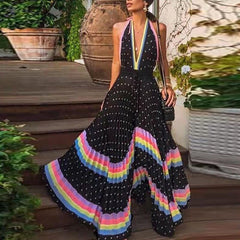 Sexy Halter Neck Deep Vneck Cocktail Dresses for Women Polka Dot Print Beach Vacation Bohemia Prom Gown Vestidos De Mujer Casual