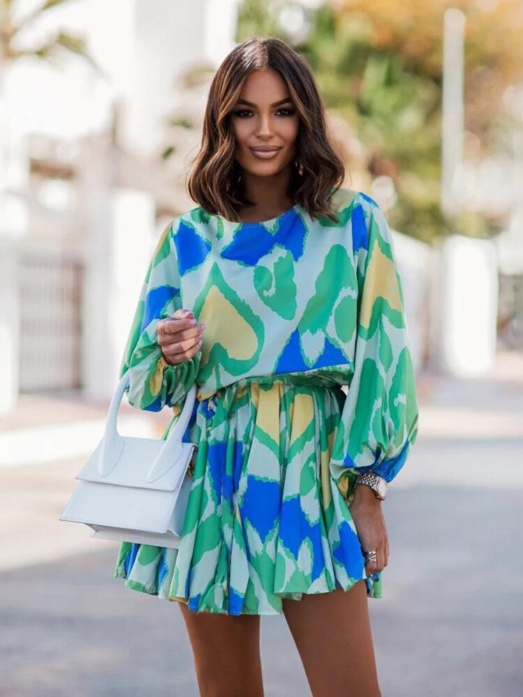 Casual 3/4 Sleeve Tunics Mini Dress Women Summer 2023 Fashion Floral Print O Neck Green Boho Streetwear Dresses Elegant Vestido