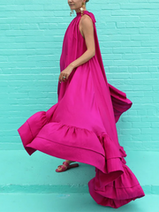 Lemongor Female Fashion Solid Color Stand Collar Falbala Mermaid Dress 2023 Summer Sleeveless Vacation Maxi Dresses For Women