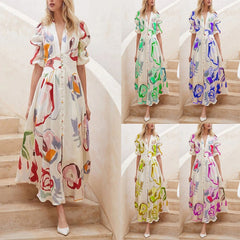 Dresses For Women 2023 Summer Sexy Print Long Maxi Dress Ladies Elegant Button Up Boho Floral Ruffles Pink Robe Vestidos