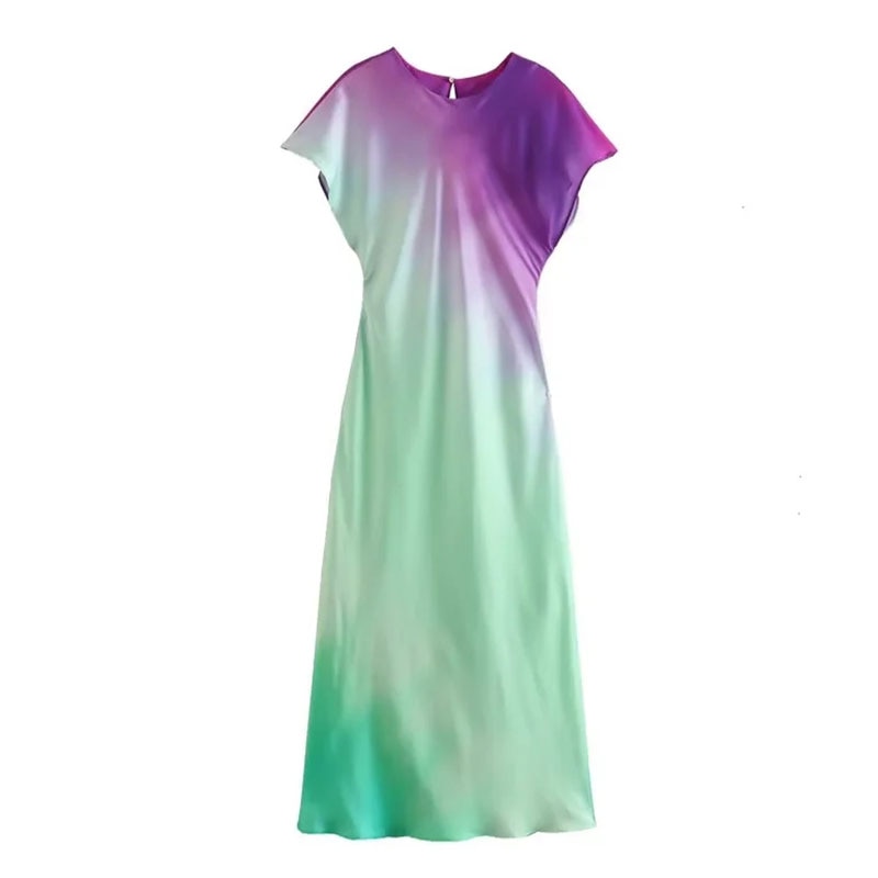 Women's Fashion Print Short Sleeve Dress Vintage Tie Dye O-Neck Midi Dresses Spring Female Casual Chic Satin Dress